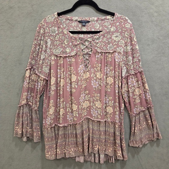 American Eagle Outfitters Tops - American Eagle Floral Blouse Women's Medium Boho Lace Up Tiered Bell Sleeve